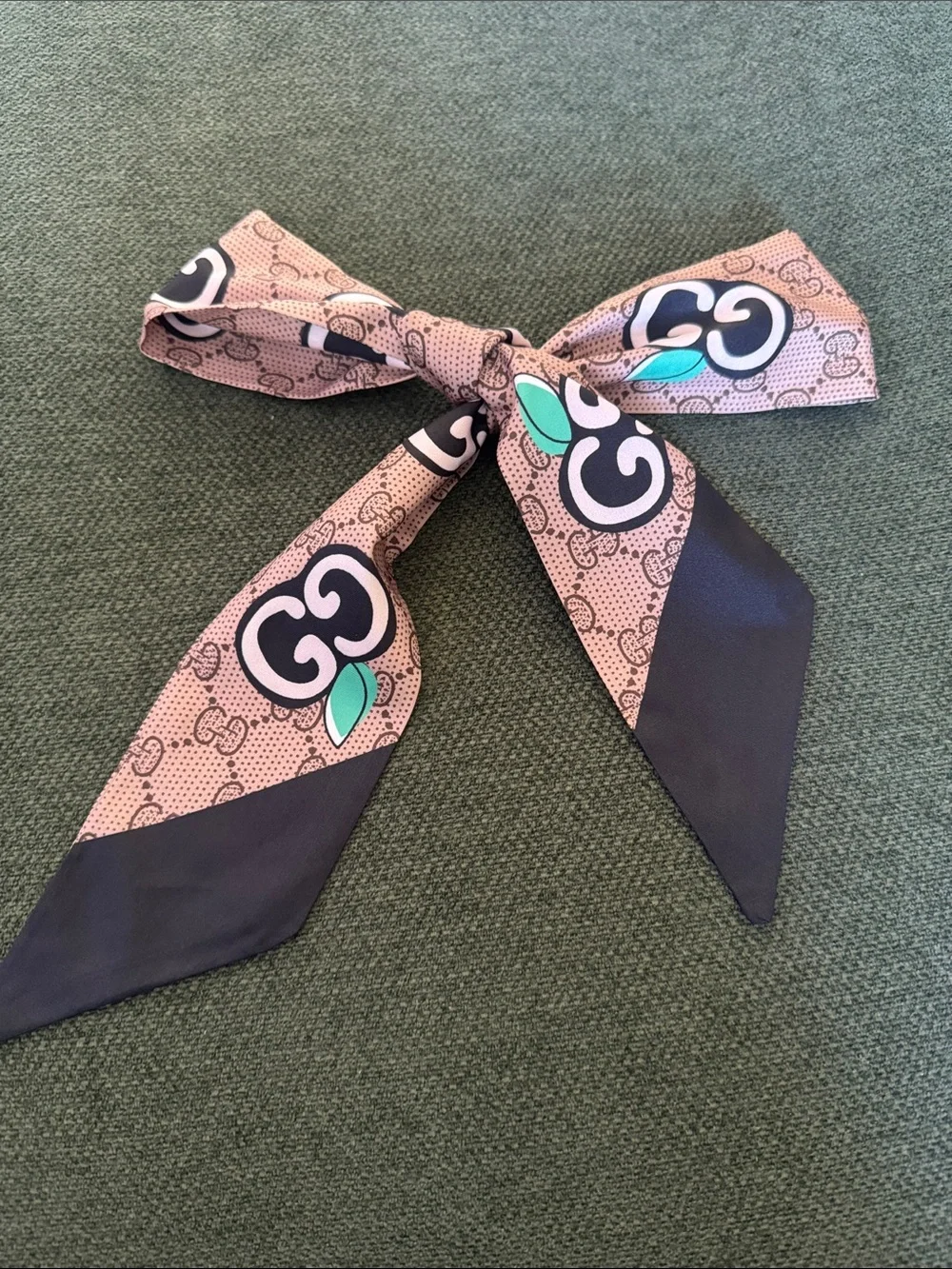 Brown and pink Logo-Print Silk Twilly with Mint Accents